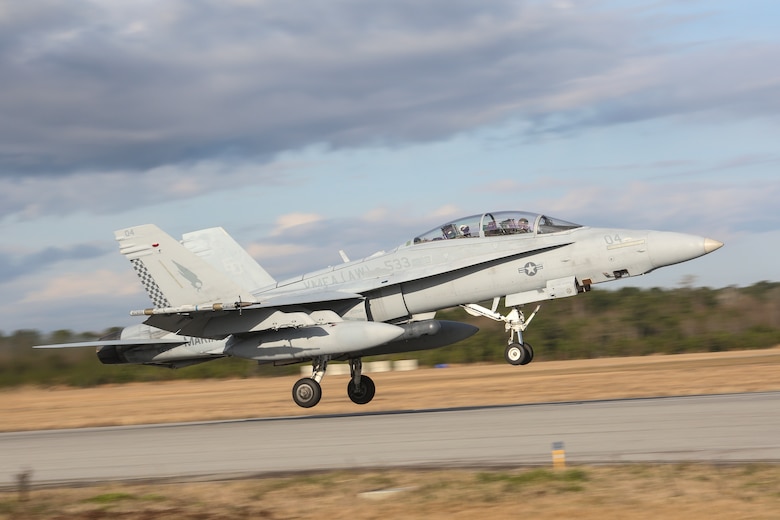 An F-18 takes off during Marine Division Tactics Course aboard Marine Corps Air Station Beaufort, Feb. 1. MDTC focuses on air to air and self-escort strike tactics to help aviators hone their skills for real life scenarios.