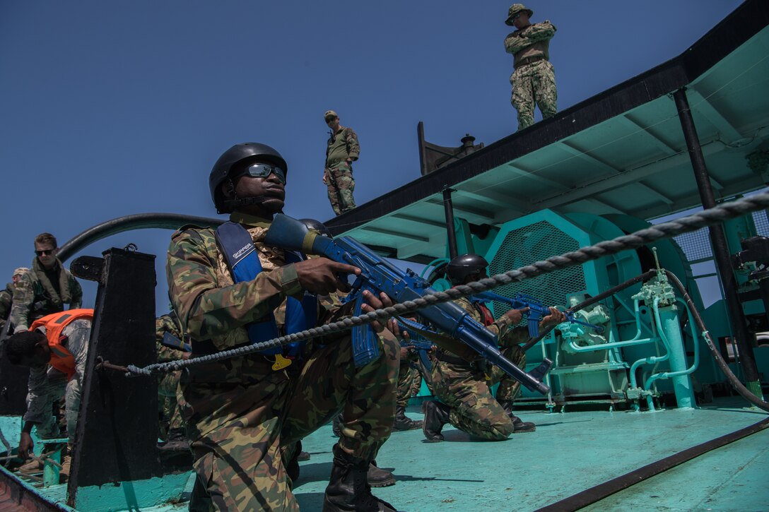 Comorian sailors participate in visit, board, search and seizure training during exercise Cutlass Express 2019 in Djibouti.