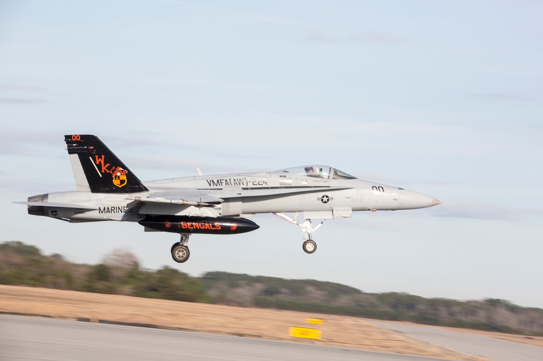 An F-18 takes off during Marine Division Tactics Course aboard Marine Corps Air Station Beaufort, Feb. 1. MDTC focuses on air to air and self-escort strike tactics to help aviators hone their skills for real life scenarios.