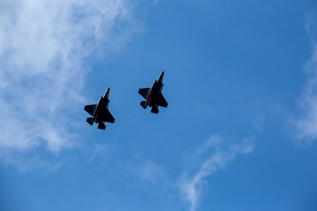 A pair of F-35's fly overhead during Marine Division Tactics Course aboard Marine Corps Air Station Beaufort, Feb. 1. MDTC focuses on air to air and self-escort strike tactics to help aviators hone their skills for real life scenarios.