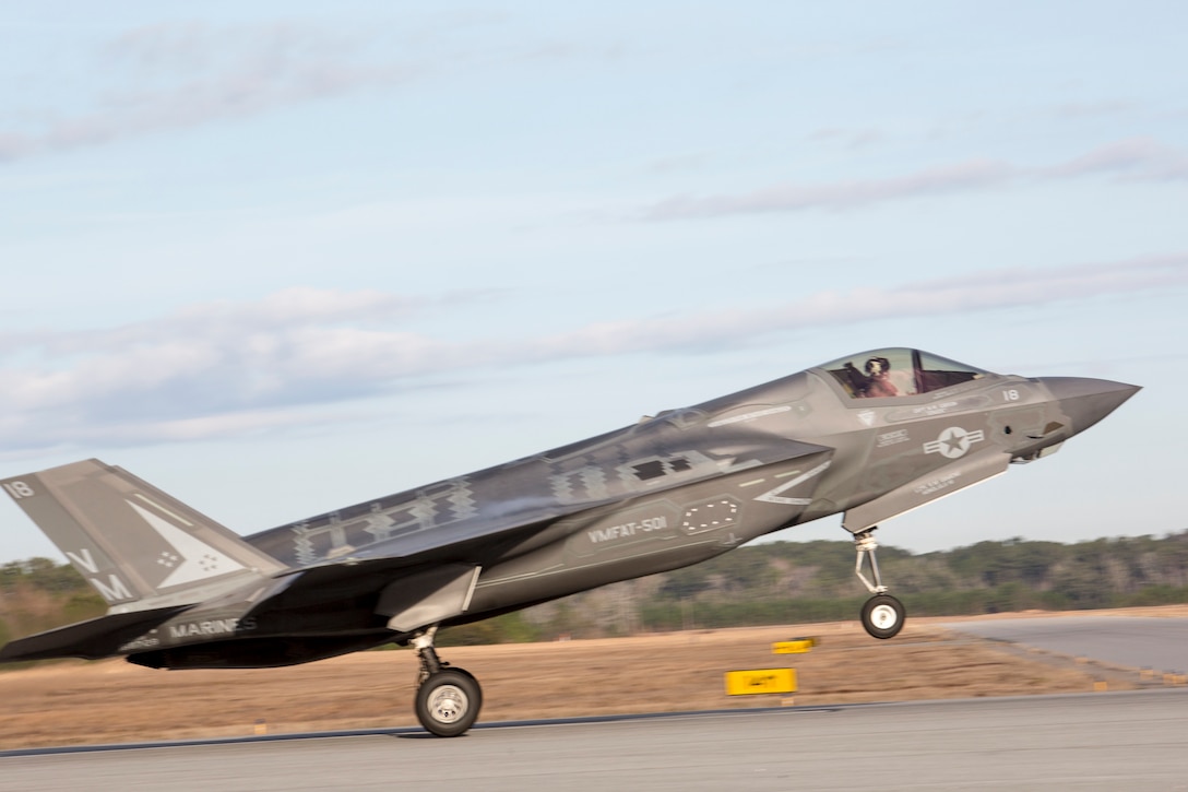 An F-35 takes off during Marine Division Tactics Course aboard Marine Corps Air Station Beaufort, Feb. 1. MDTC focuses on air to air and self-escort strike tactics to help aviators hone their skills for real life scenarios.