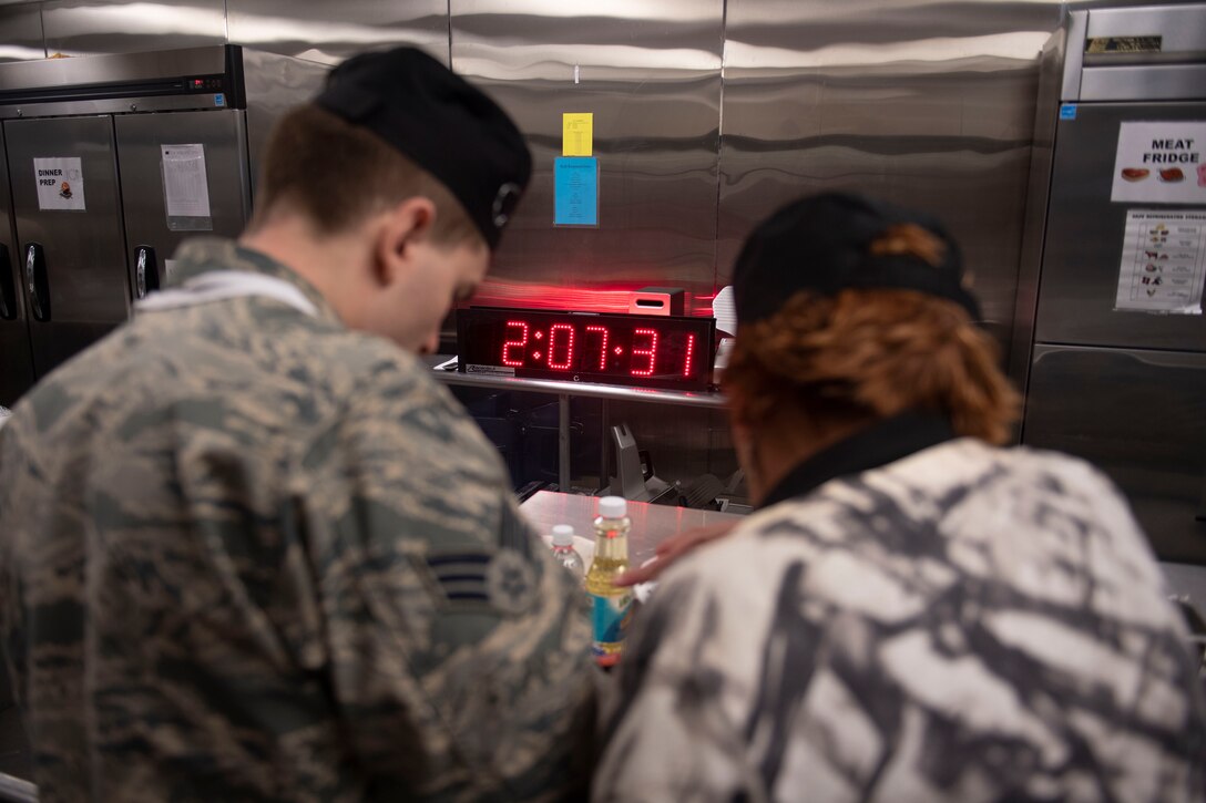 Senior Airman Christopher Nance, left, and Heidi Williams, contestants, prepare their cake during the first Cupid Cake Wars, Feb. 13, 2019, at Moody Air Force Base, Ga. The event consisted of contestants working together in teams to create, bake and design their most inspired Valentine’s Day-themed cakes. (U.S. Air Force Photo by Airman 1st Class Joseph P. Leveille)