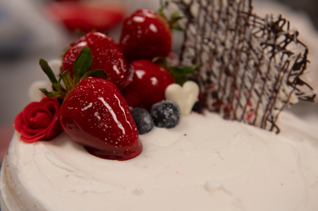 Decorations designed by team Sister Sister rest on top of their cake during the first Cupid Cake Wars, Feb. 13, 2019, at Moody Air Force Base, Ga. The event consisted of contestants working together in teams to create, bake and design their most inspired Valentine’s Day-themed cakes. (U.S. Air Force Photo by Airman 1st Class Joseph P. Leveille)
