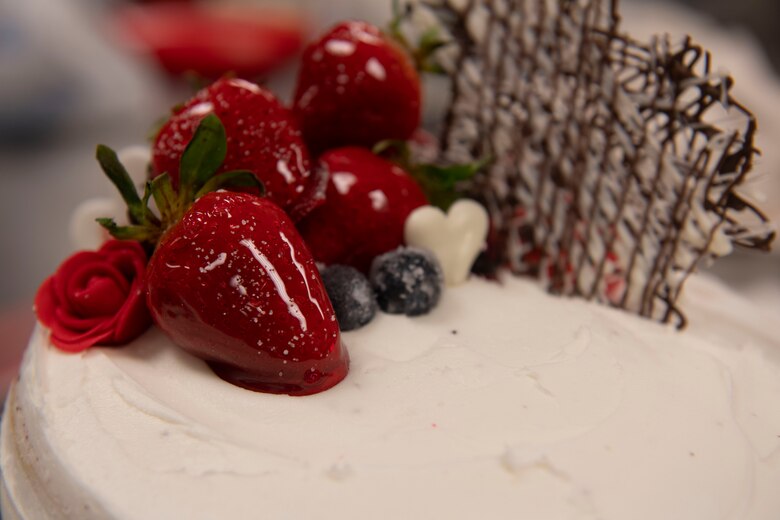 Decorations designed by team Sister Sister rest on top of their cake during the first Cupid Cake Wars, Feb. 13, 2019, at Moody Air Force Base, Ga. The event consisted of contestants working together in teams to create, bake and design their most inspired Valentine’s Day-themed cakes. (U.S. Air Force Photo by Airman 1st Class Joseph P. Leveille)