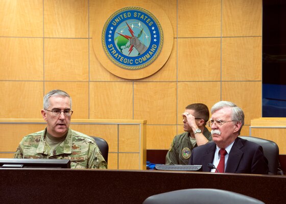 Ambassador John Bolton, National Security Advisor, receives a command and control update from Air Force Gen. John Hyten, commander of United States Strategic Command (USSTRATCOM), on the command’s Battle Deck during his trip to USSTRATCOM, Offutt Air Force Base, Neb., Feb. 14, 2019. The Ambassador observed USSTRATCOM’s combat-ready force, engaged in discussions with senior leaders and thanked warfighters for their service to the nation. Bolton’s visit also highlighted USSTRATCOM’s critical role in the National Security Strategy. (U.S. Navy photo by Mass Communications Specialist Julie Matyascik)
