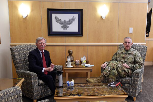 Ambassador John Bolton, National Security Advisor, meets with U.S. Air Force Gen. John Hyten, commander of United States Strategic Command (USSTRATCOM), during his visit to USSTRATCOM at Offutt Air Force Base, Neb., Feb. 14, 2019. The Ambassador observed USSTRATCOM’s combat-ready force, engaged in discussions with senior leaders and thanked warfighters for their service to the nation. Bolton’s visit also highlighted USSTRATCOM’s critical role in the National Security Strategy. (U.S. Air Force photo by Master Sgt. April Wickes)