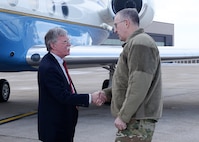 Air Force Gen. John Hyten, commander of United States Strategic Command (USSTRATCOM), greets Ambassador John Bolton, National Security Advisor, during his trip to USSTRATCOM, Offutt Air Force Base, Neb., Feb. 14, 2019. The Ambassador observed USSTRATCOM’s combat-ready force, engaged in discussions with senior leaders and thanked warfighters for their service to the nation. Bolton’s visit also highlighted USSTRATCOM’s critical role in the National Security Strategy. (U.S. Air Force photo by Charles Haymond)