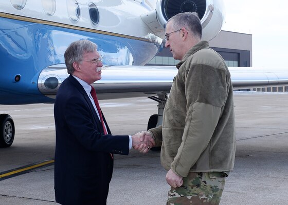 Air Force Gen. John Hyten, commander of United States Strategic Command (USSTRATCOM), greets Ambassador John Bolton, National Security Advisor, during his trip to USSTRATCOM, Offutt Air Force Base, Neb., Feb. 14, 2019. The Ambassador observed USSTRATCOM’s combat-ready force, engaged in discussions with senior leaders and thanked warfighters for their service to the nation. Bolton’s visit also highlighted USSTRATCOM’s critical role in the National Security Strategy. (U.S. Air Force photo by Charles Haymond)