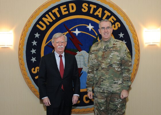 Ambassador John Bolton, National Security Advisor, meets with Air Force Gen. John Hyten, commander of United States Strategic Command (USSTRATCOM), during his trip to USSTRATCOM, Offutt Air Force Base, Neb., Feb. 14, 2019. The Ambassador observed USSTRATCOM’s combat-ready force, engaged in discussions with senior leaders and thanked warfighters for their service to the nation. Bolton’s visit also highlighted USSTRATCOM’s critical role in the National Security Strategy. (U.S. Air Force photo by Steve Cunningham)