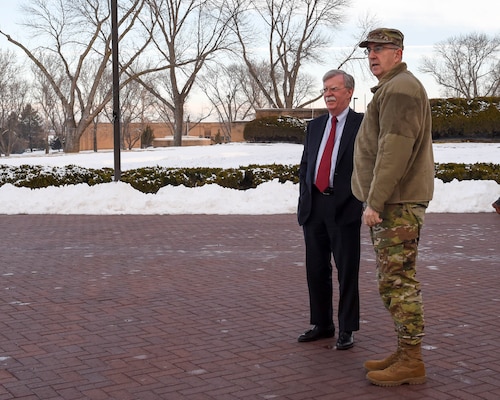 Ambassador John Bolton, National Security Advisor, meets with Air Force Gen. John Hyten, commander of United States Strategic Command (USSTRATCOM), during his trip to USSTRATCOM, Offutt Air Force Base, Neb., Feb. 14, 2019. The Ambassador observed USSTRATCOM’s combat-ready force, engaged in discussions with senior leaders and thanked warfighters for their service to the nation. Bolton’s visit also highlighted USSTRATCOM’s critical role in the National Security Strategy. (U.S. Navy photo by Mass Communications Specialist Julie Matyascik)