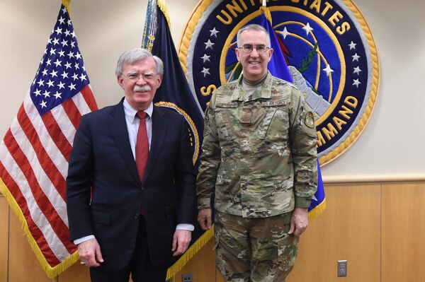 Ambassador John Bolton, National Security Advisor, meets with U.S. Air Force Gen. John Hyten, commander of United States Strategic Command (USSTRATCOM), during his visit to USSTRATCOM at Offutt Air Force Base, Neb., Feb. 14, 2019. The Ambassador observed USSTRATCOM’s combat-ready force, engaged in discussions with senior leaders and thanked warfighters for their service to the nation. Bolton’s visit also highlighted USSTRATCOM’s critical role in the National Security Strategy. (U.S. Air Force photo by Master Sgt. April Wickes)