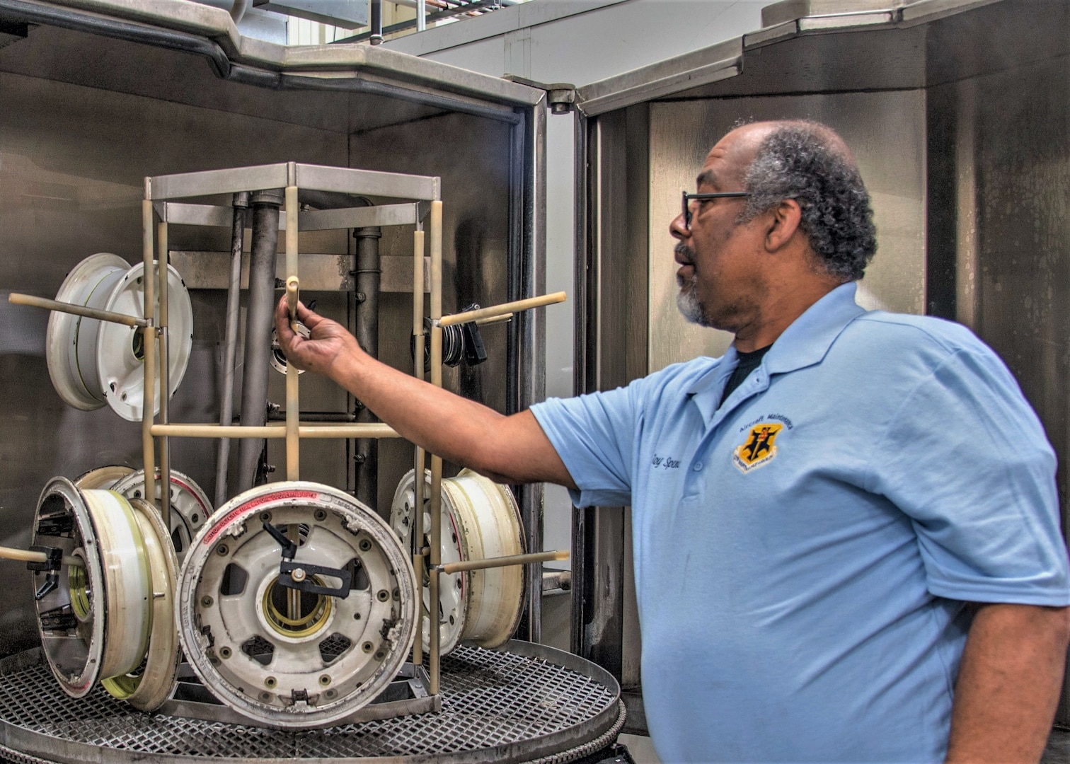 Roy Spencer, 12th Maintenance Group Aircraft Wheel and Tire Shop technician, inspects seals that were recently washed inside the Aircraft Wheel and Tire Shop on Feb. 14, 2019, at Joint Base San Antonio-Randolph, Texas. Tire shop technicians and AGE members are part of a team that ensure the integrity of the wheels and tires used on the 12th FTW’s fleet of trainer aircraft. (U.S. Air Force photo by Tech. Sgt. Ave I. Young)