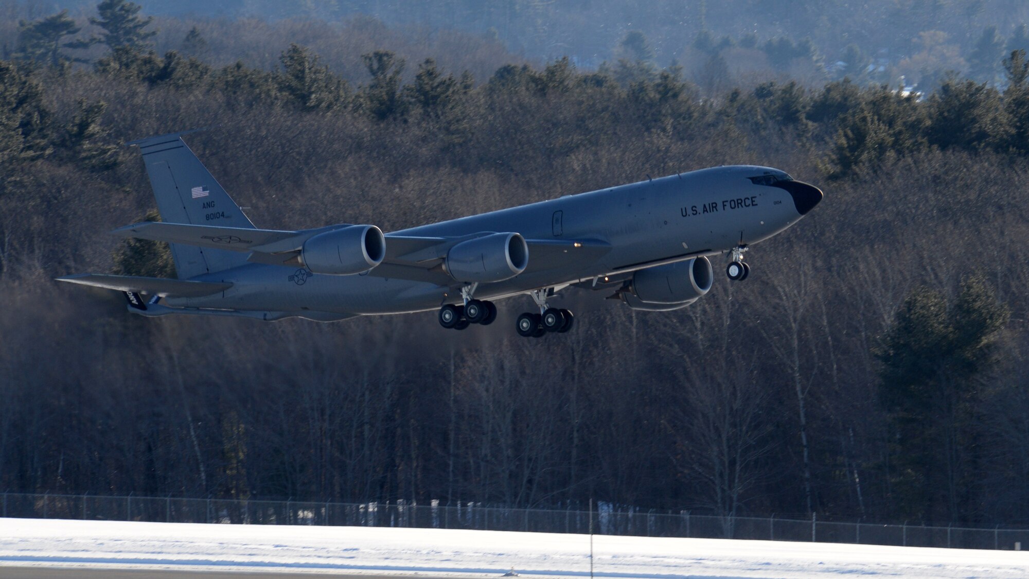 Aircrew from the 157th Air Refueling Wing, New Hampshire Air National Guard, take off in a KC-135R Stratotanker, tail number 58-0023, at Pease Air National Guard Base, N.H., Jan. 30, 2019. The aircraft is one of eight aircraft leaving the Wing during the unit’s divestiture of the KC-135. The aircraft is headed to the 151st ARW, Wright ANGB, Utah. (U.S. Air National Guard photo by Staff Sgt. Curtis J. Lenz)