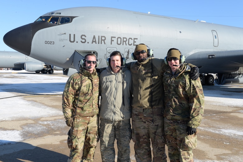The Aircraft Maintenance Crew of tail number 58-0023 from the 157th Air Refueling Wing, New Hampshire Air National Guard, pose for a group photo Jan. 30, 2019. From left, Staff Sgt. Mike McCrady, Master Sgt. Justin Web, Staff Sgt. Dennis Wardell, TSgt. Joe Hewitt. The aircraft is one of eight aircraft leaving the Wing during the unit’s divestiture of the KC-135. The aircraft is headed to the 151st ARW, Wright ANGB, Utah. (U.S. Air National Guard photo by Staff Sgt. Curtis J. Lenz)