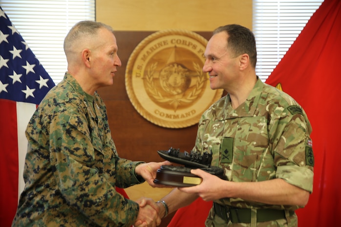 The Commandant General Royal Marines, Maj. Gen. Charlie R. Stickland (Right) visited the Commanding General of U.S. Marine Corps Forces Command, Lt. Gen. Mark A. Brilakis, Feb. 12, 2019, to discuss future bilateral training opportunities. The meeting allowed the two senior leaders to strengthen the long-standing rapport between the services while speaking about current and future operational advantages gained from training together. (U.S. Marine Corps photo by Master Sgt. Ryan O’Hare/ Released)