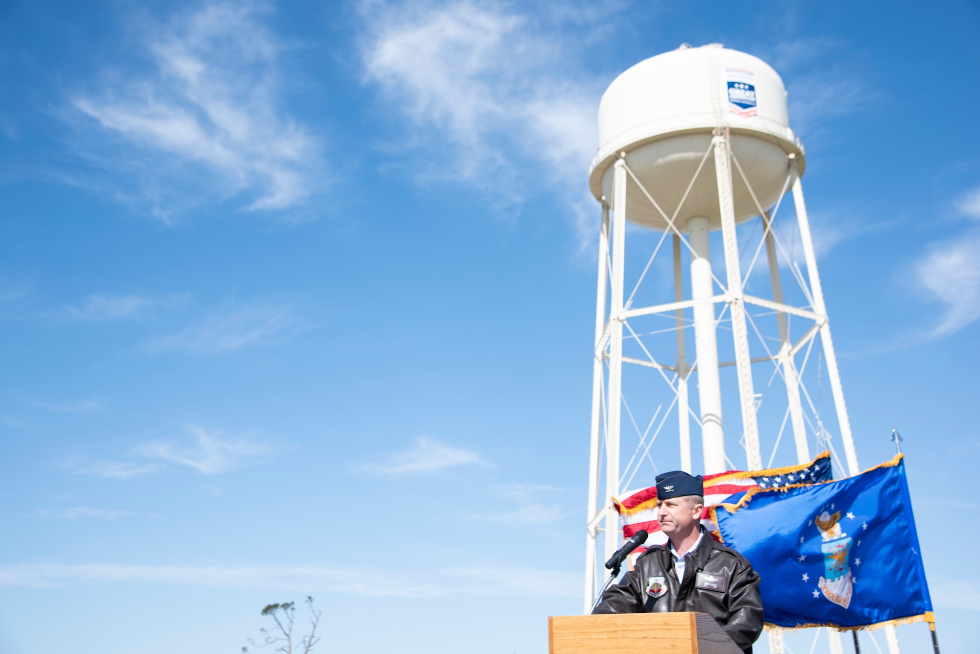 U.S. Air Force Col. Brian Laidlaw, 325th Fighter Wing commander, gives a speech during the Great American Defense Communities celebration at Tyndall Air Force Base, Fla., Feb. 13, 2019. Bay County, is one of five communities across the country to be named a Great American Defense Community in 2019. The GADC program leaders work to recognize military communities and regions that help improve the quality of life for veterans, service members and their families.  (U.S. Air Force photo by Senior Airman Javier Alvarez)