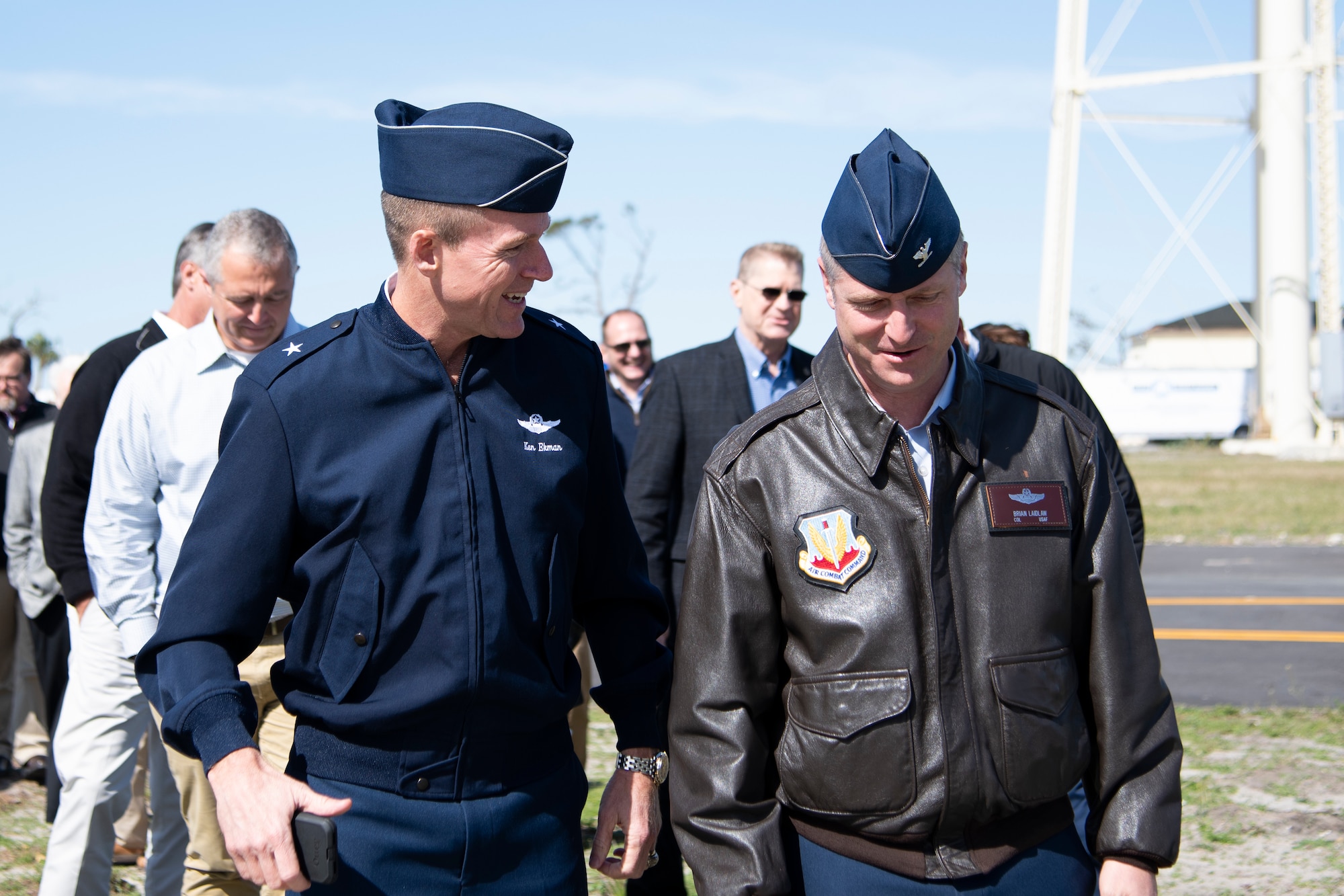 U.S. Air Force Brig. Gen. Ken Ekman, First Air Force and Air Forces Northern Command vice commander, talks with Col. Brian Laidlaw, 325th Fighter Wing commander, following the Great American Defense Communities celebration at Tyndall Air Force Base, Fla., Feb. 13, 2019. Bay County, is one of five communities across the country to be named a Great American Defense Community in 2019. The GADC program leaders work to recognize military communities and regions that help improve the quality of life for veterans, service members and their families. (U.S. Air Force photo by Senior Airman Javier Alvarez)