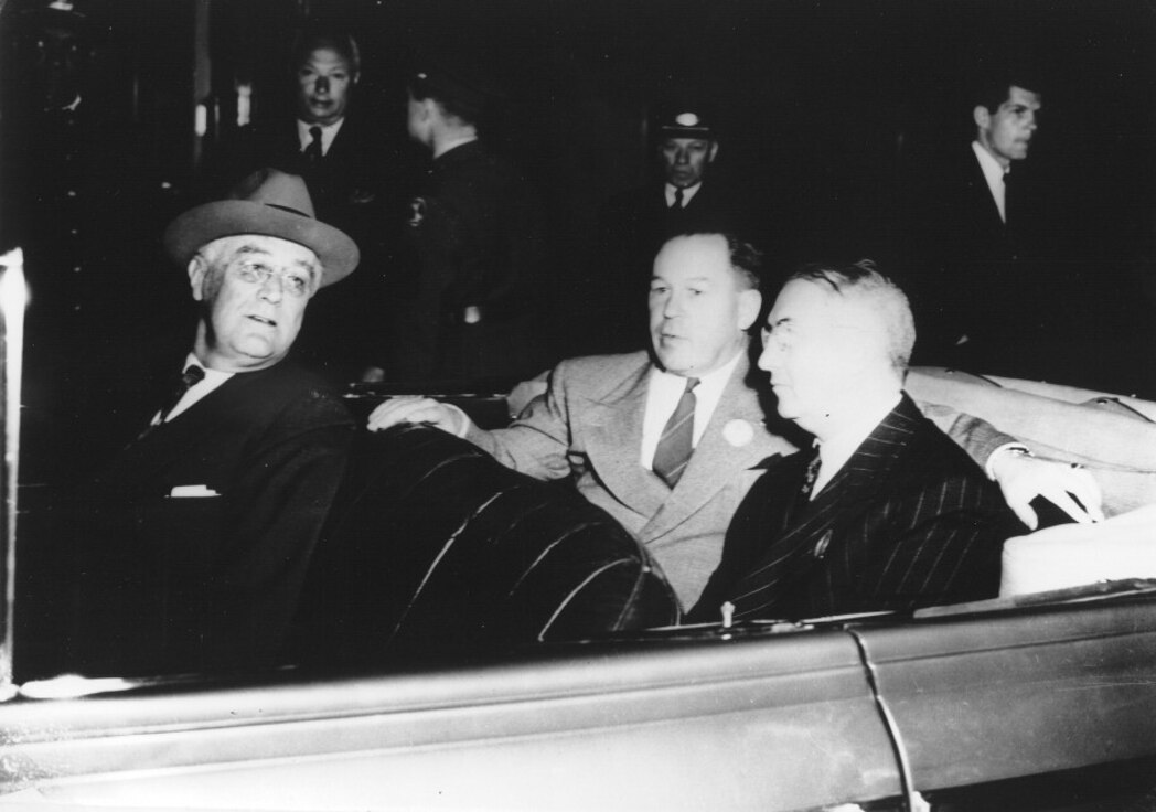 In the early 1940's, President Franklin D. Roosevelt arrived at the Martin Bomber plant located on then Fort Crook, currently Offutt Air Force Base, Nebraska. He was accompanied by Nebraska Governor Dwight Griswald, Glenn L. Martin, and G. T. Willey (plant manager.)