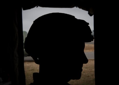 Capt. Eric Danko, 321st Contingency Response Squadron flight commander, stands in the communications shelter during Exercise Crescent Moon Feb. 12, 2019, at North Auxiliary Airfield in North, S.C.