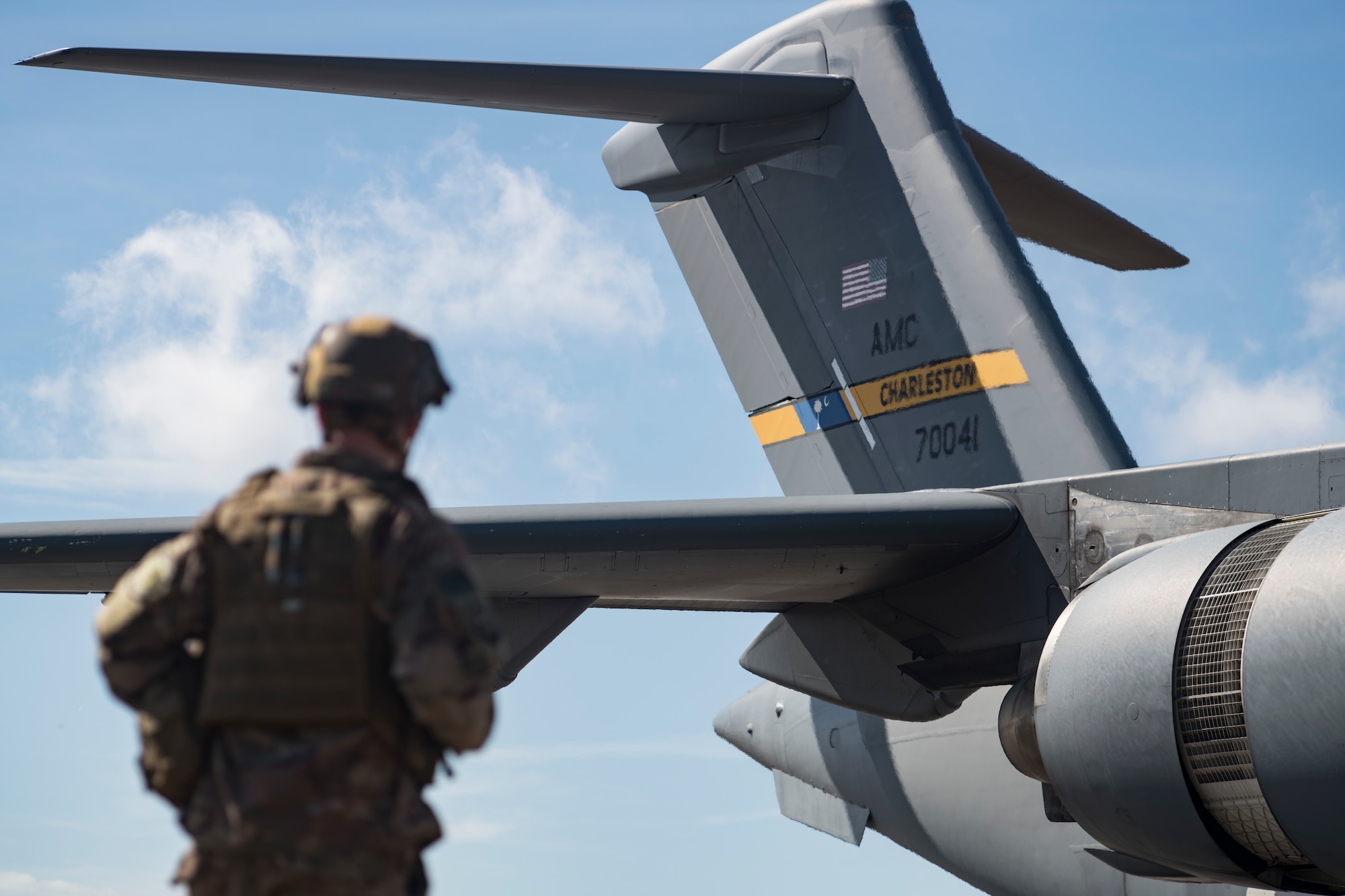 Capt. Eric Danko, 321st Contingency Response Squadron flight commander, looks at a C-17 Globemaster III during Exercise Crescent Moon Feb. 12, 2019, at North Auxiliary Airfield in North, S.C.