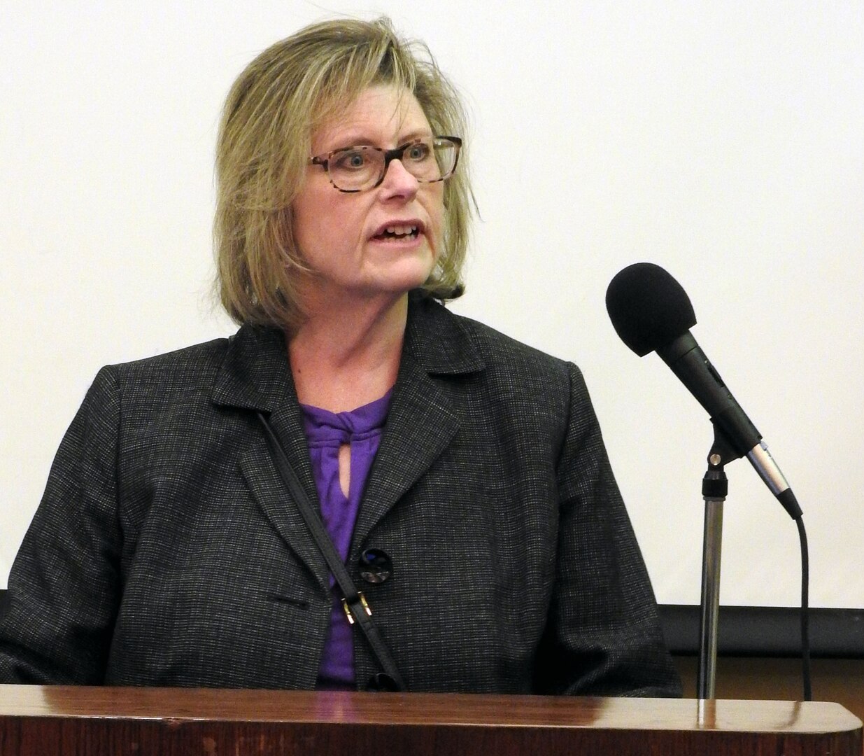 Monica Anders, AFIMSC Resources director, welcomes more nearly 300 Air Force financial technicians to the Financial Operations Workshop, Feb. 11, in San Antonio, Texas.