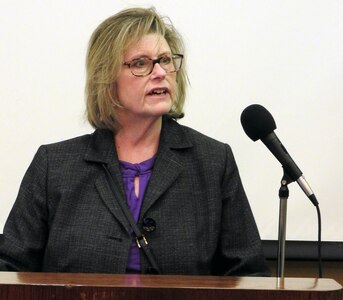 Monica Anders, AFIMSC Resources director, welcomes more nearly 300 Air Force financial technicians to the Financial Operations Workshop, Feb. 11, in San Antonio, Texas.