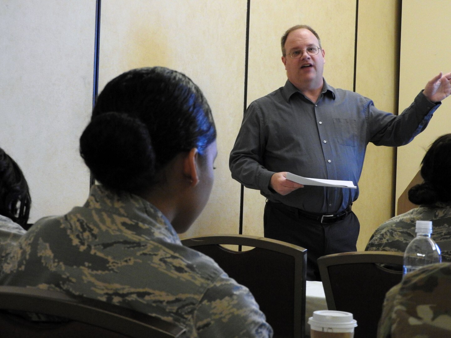 Greg Hansel, a branch chief from the Air Force Financial Services Center, shares evacuation voucher processing tips with Air Force financial services technicians during a workshop in San Antonio, Texas, Feb. 14.