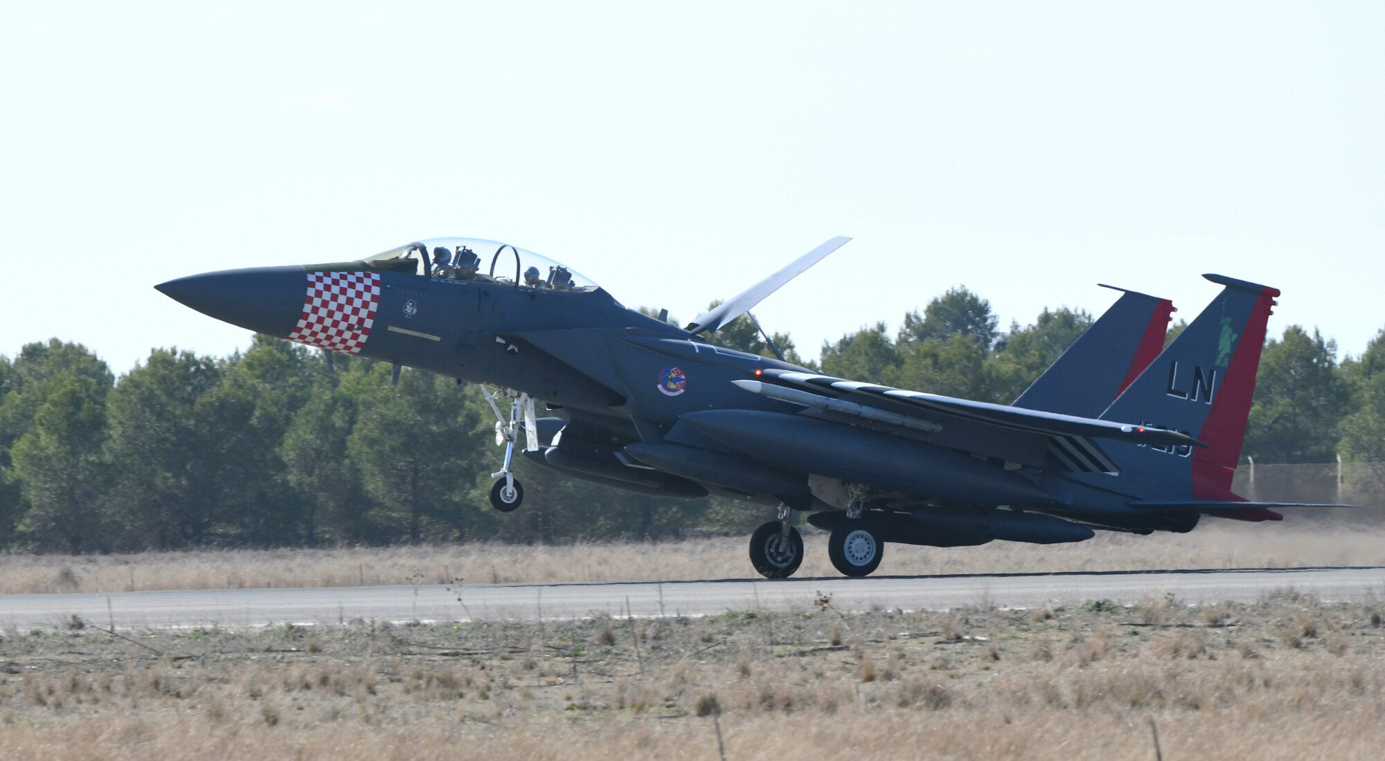 A U.S. Air Force F-15E Strike Eagle from Royal Air Force Lakenheath, England, arrives at Albacete Air Base, Spain, during the NATO Tactical Leadership Programme 19-1 flying course, Feb. 15, 2019. During TLP, U.S. Air Force F-15Es will conduct flying training with other NATO air forces including Spain, France, Greece, Italy, Germany, the United Kingdom and Belgium. (U.S. Air Force photo by Staff Sgt. Alex Fox Echols III)
