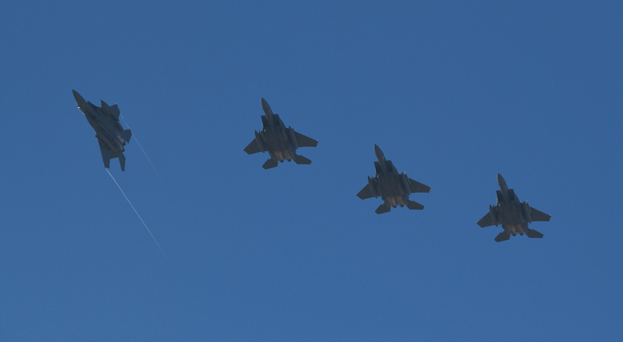 Four U.S. Air Force F-15E Strike Eagles from Royal Air Force Lakenheath, England, fly above Albacete Air Base, Spain, during the NATO Tactical Leadership Programme 19-1 flying course, Feb. 15, 2019. The multilateral training course is designed to focus on developing tactical air expertise and leadership skills. (U.S. Air Force photo by Staff Sgt. Alex Fox Echols III)