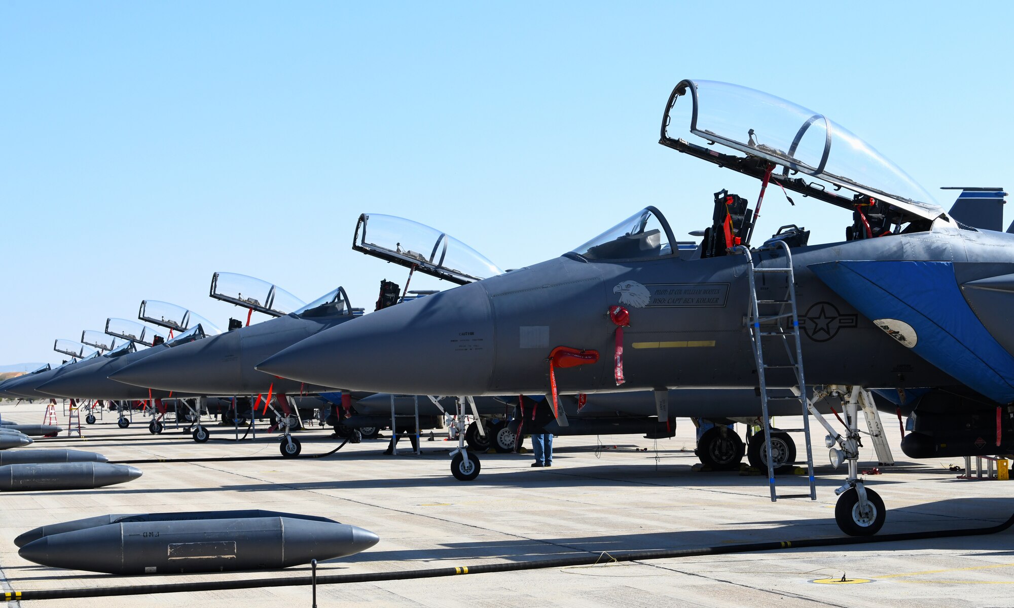 U.S. Air Force F-15E Strike Eagles from Royal Air Force Lakenheath, England, park on the flightline at Albacete Air Base, Spain during the NATO Tactical Leadership Programme 19-1 flying course, Feb. 15, 2019. The multilateral training course is designed to focus on developing tactical air expertise and leadership skills. (U.S. Air Force photo by Staff Sgt. Alex Fox Echols III)