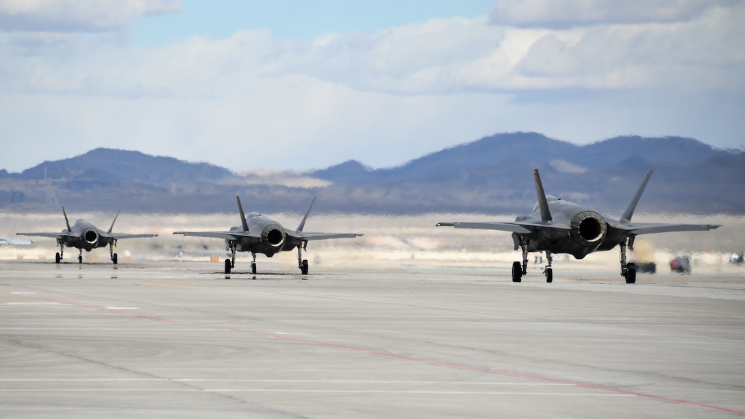 F-35A Lightning II fighter jets assigned to the 388th Fighter Wing's 4th Fighter Squadron taxi during Red Flag 19-1, Nelllis Air Force Base, Nev., Feb. 6, 2019. Pilots and maintainers from the 388th Fighter Wing's 4th Fighter Squadron and 4th Aircraft Maintenance Unit are participating in Red Flag 19-1 at Nellis AFB, Nevada. This is the wing's second Red Flag with the F-35A, America's most advanced multi-role fighter, which brings game-changing stealth, lethality and interoperability to the modern battlefield. Red Flag is the Air Force's premier combat exercise and includes units from across the Air Force and allied nations. The 388th is the lead wing for Red Flag 19-1. (U.S. Air Force photo by R. Nial Bradshaw)