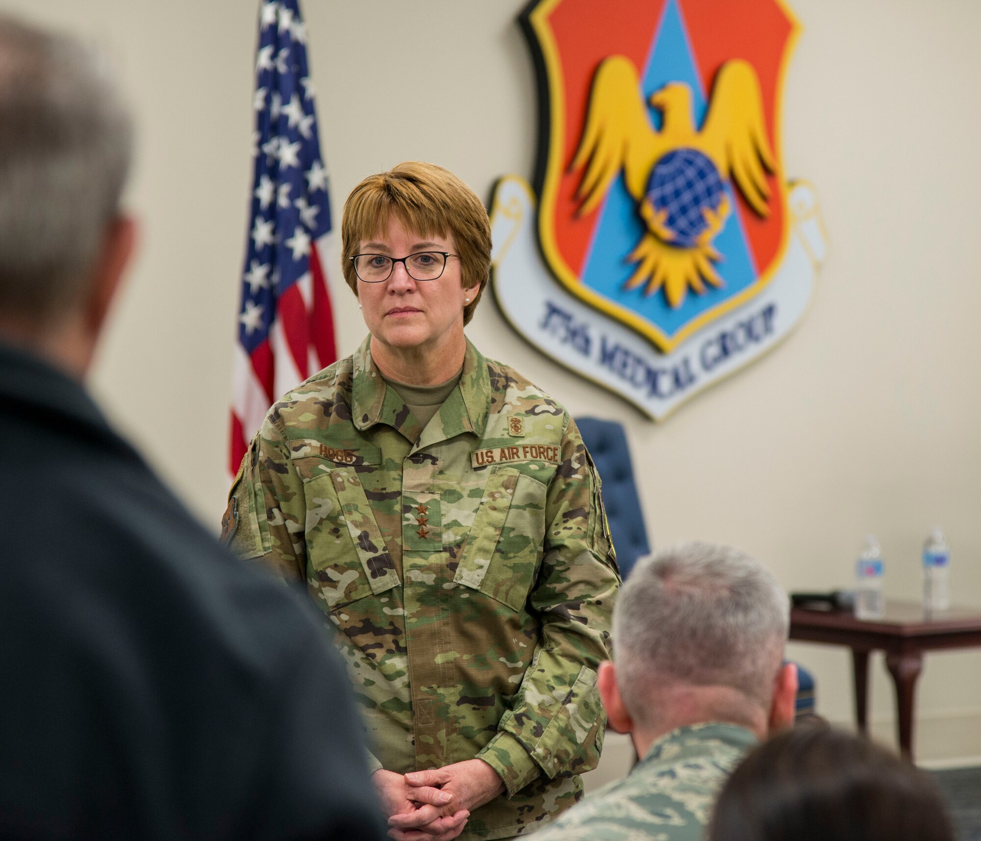 Lt. Gen. Dorothy Hogg, U.S. Air Force Surgeon General, speaks with members of the 375th Aeromedical Evacuation Squadron during her tour of the 375th AES at Scott Air Force Base, Illinois, Feb. 13, 2019. Hogg and Chief Master Sgt. G. Steve Cum, Chief, Medical Enlisted Force and Enlisted Corps Chief, toured medical facilities and spoke with Airmen during their three-day tour of the base. (U.S. Air Force photo by Airman 1st Class Nathaniel Hudson)