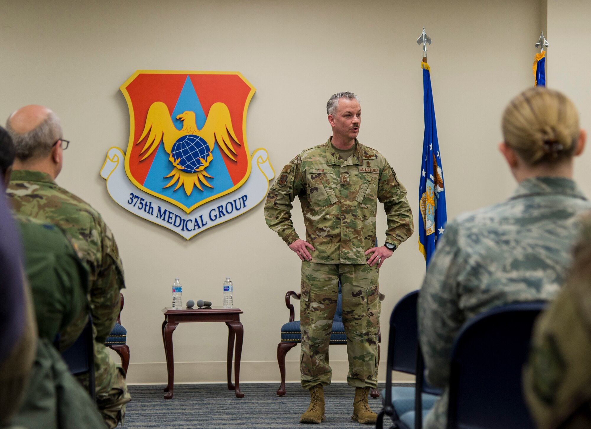 Chief Master Sgt. G. Steve Cum, Chief, Medical Enlisted Force and Enlisted Corps Chief, speaks during an all-call for the medical Airmen of Scott at Scott Air Force Base, Illinois, Feb. 14, 2019. As CMEF, Cum is the personal advisor to the U.S. Air Force Surgeon General on all issues regarding the welfare, readiness, morale, proper utilization and progression for the 34,000 members of the total force medical enlisted community. (U.S. Air Force photo by Airman 1st Class Nathaniel Hudson)