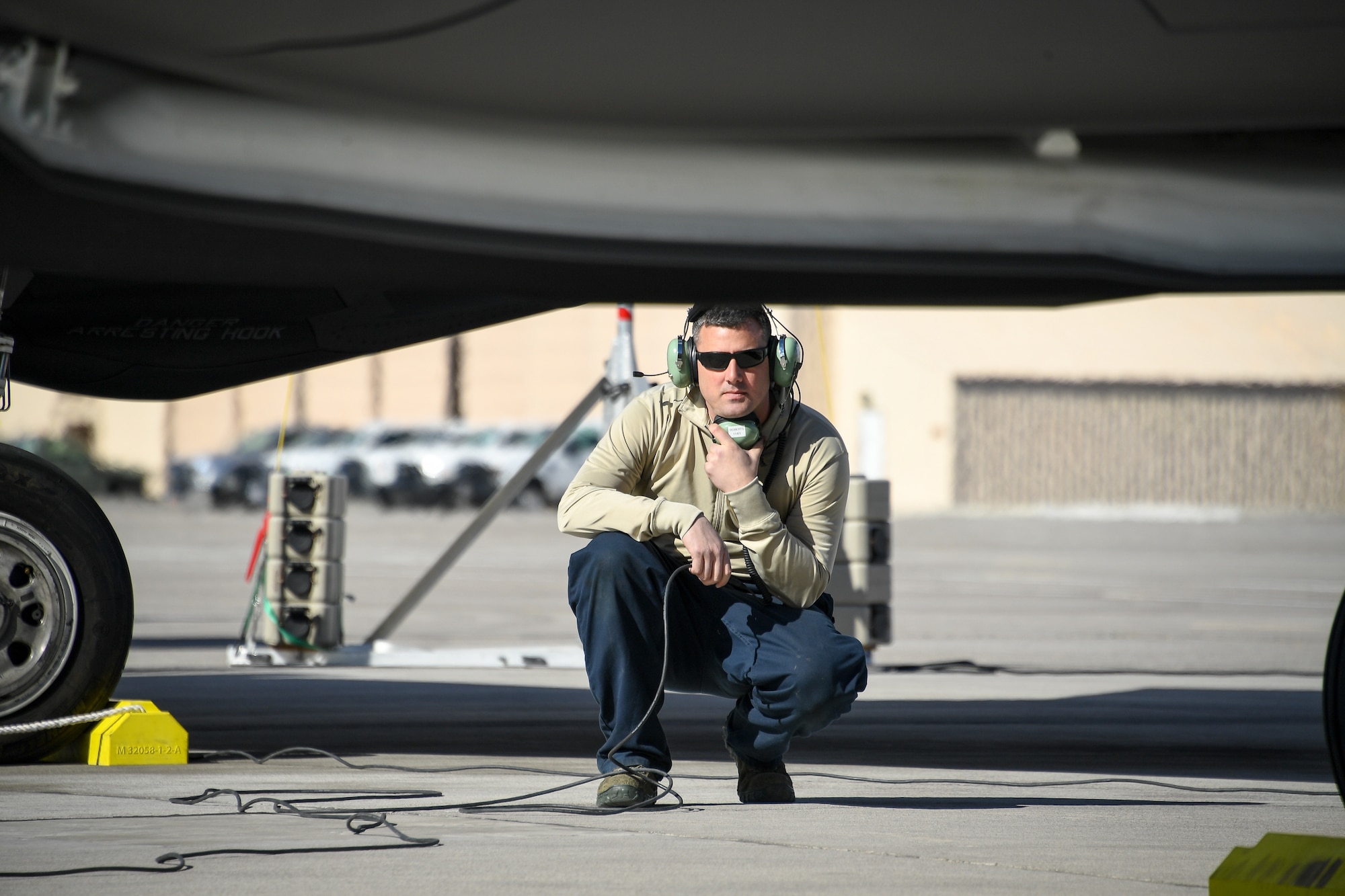 Tech. Sgt. Christopher Roberts, crew chief in the 419th Aircraft Maintenance Squadron, prepares to launch an F-35A Lightning II during Red Flag 19-1.