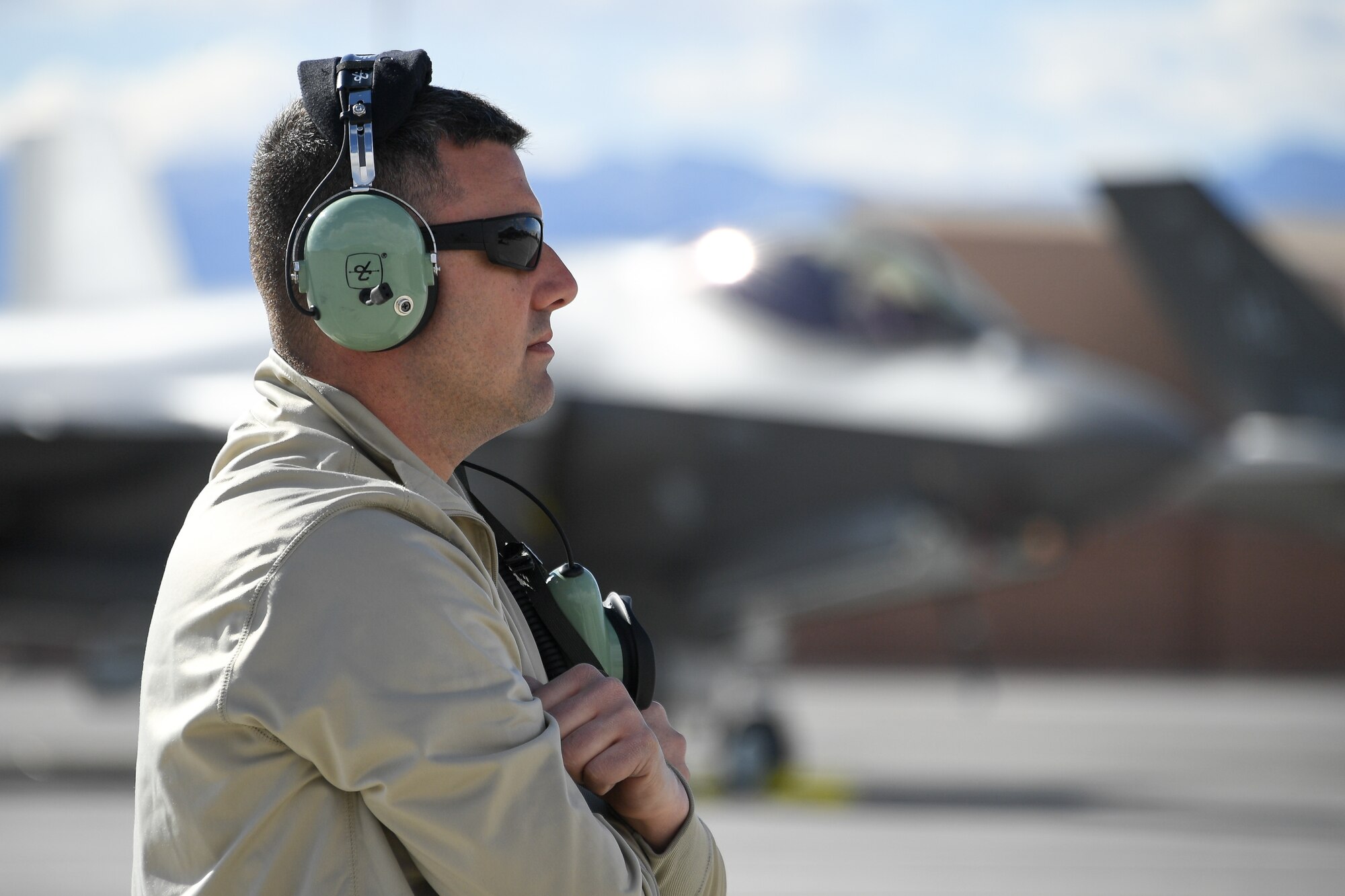 Tech. Sgt. Christopher Roberts, crew chief in the 419th Aircraft Maintenance Squadron, prepares to launch an F-35A Lightning II during Red Flag 19-1