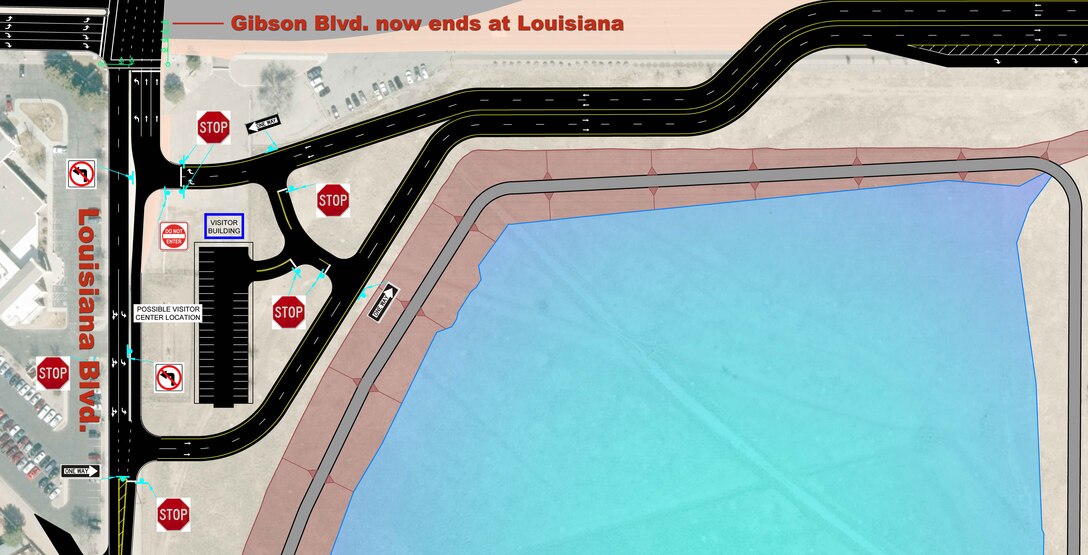 Come Feb. 17, drivers entering Kirtland through the Gibson Gate will travel a different path. People will enter and exit on a remade, re-directed approach near the intersection of Gibson and Louisiana Boulevards. The new entry and exit will conduct traffic south of the old intersection on Louisiana, passing the Kirtland Federal Credit Union branch. (U.S. Air Force photo illustration by Jim Fisher)