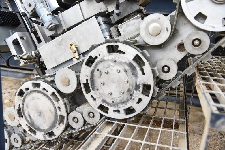 A F6A Andros robot maneuvers stairs during proficiency training at Al Dhafra Air Base, United Arab Emirates, Feb. 12, 2019. Explosive Ordnance Disposal technicians have a mission with nine capacities: aircraft systems and conventional munitions; counter-improvised explosive device; weapons of mass destruction; nuclear weapons; unexploded ordnance recovery operations; range clearance; defense support to civil authorities; irregular warfare and special operations support; and very important persons protective support. (U.S. Air Force photo by Senior Airman Mya M. Crosby)