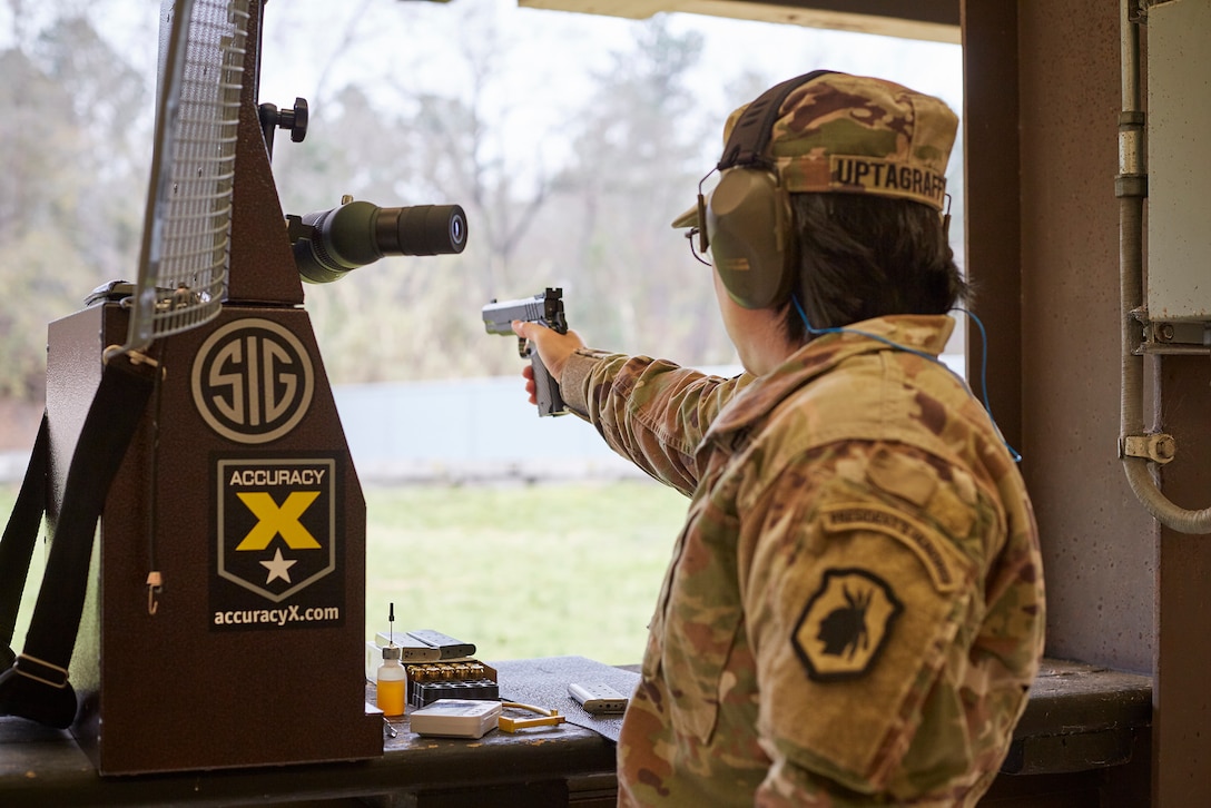 Staff Sgt. Sandra Uptagrafft, a Pan American Games medalist and Olympic shooter, trains with the U.S. Army Reserve Service Pistol Team.