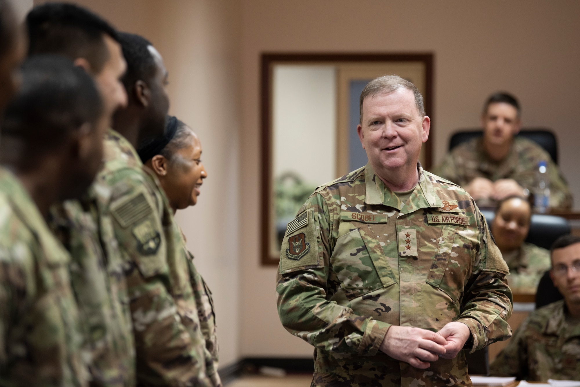 Lt. Gen. Richard Scobee speaks with Airmen