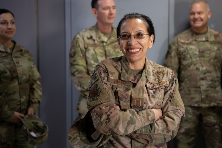 Chief Kelly speaks with Airmen