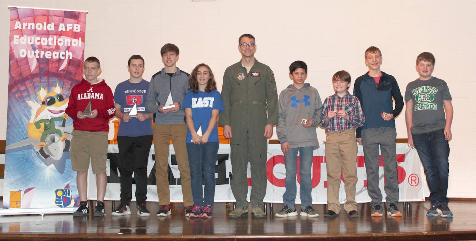 After the results of the Regional MathCounts® Competition held Feb. 2 at the University of Tennessee Space Institute, this group will be heading to the state-level MathCounts Competition. Pictured with AEDC Commander Col. Scott Cain, center, are Kevin Barker, Jackson Banks, Zane Hopf, Olivia Thomasson, Rex Askren, Carter Sublette, Nolan LaRue and Alex Dixon. (Courtesy photo)