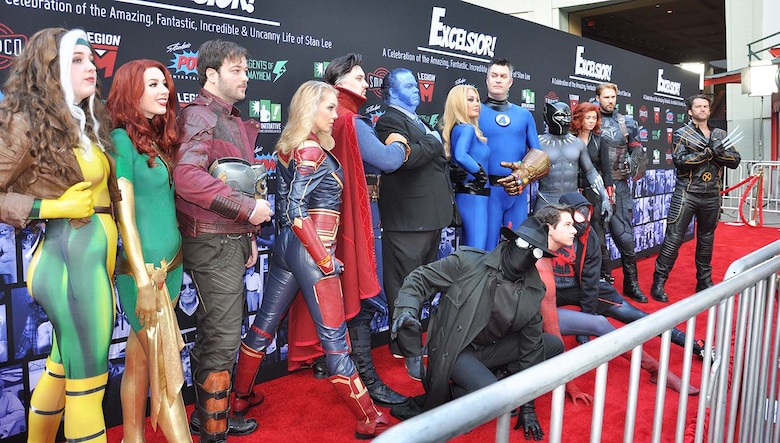 Marvel Comic cosplayers pose for pictures on the Red Carpet prior to the start of “Excelsior! A Celebration of the Amazing, Fantastic, Incredible and Uncanny Life of Stan Lee” Jan. 30 at the TCL Chinese Theatre in Hollywood, California. The event was a memorial tribute to Stan Lee, Marvel comic book writer, editor, publisher and co-creator, who died in November 2018. Lee was an Army veteran and former writer in the U.S. Army Signal Corps during World War II.