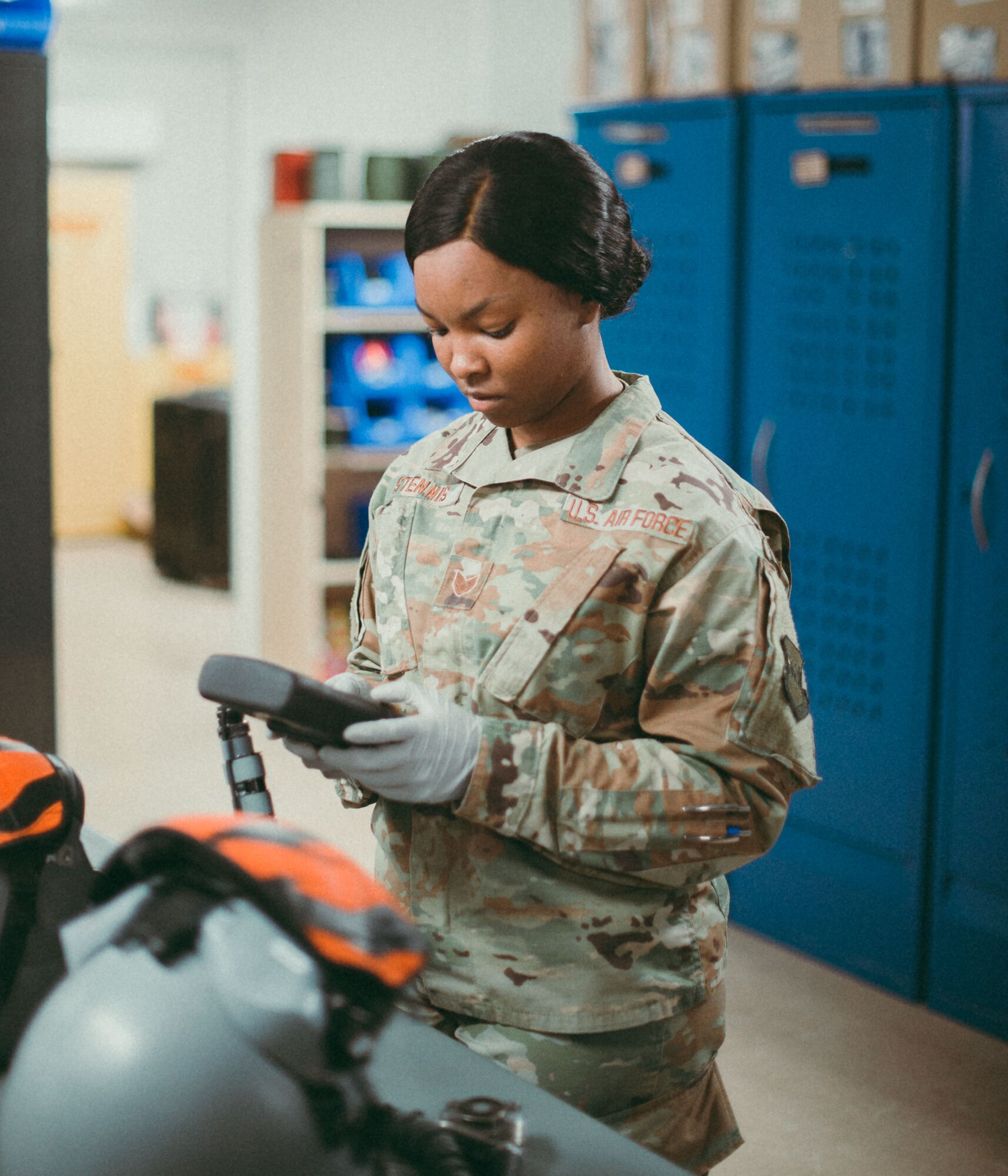 U.S. Air Force Staff Sgt. Kayla Stennis, 391st Expeditionary Fighter Squadron aircrew flight equipment craftsman, ensures oxygen masks are operational February 14, 2019 in Southwest Asia. After every mission, aircrew members return their equipment to the AFE shop where it is inspected, maintained and stored until their next flight. (U.S. Air Force photo by Staff Sgt. Delano Scott)