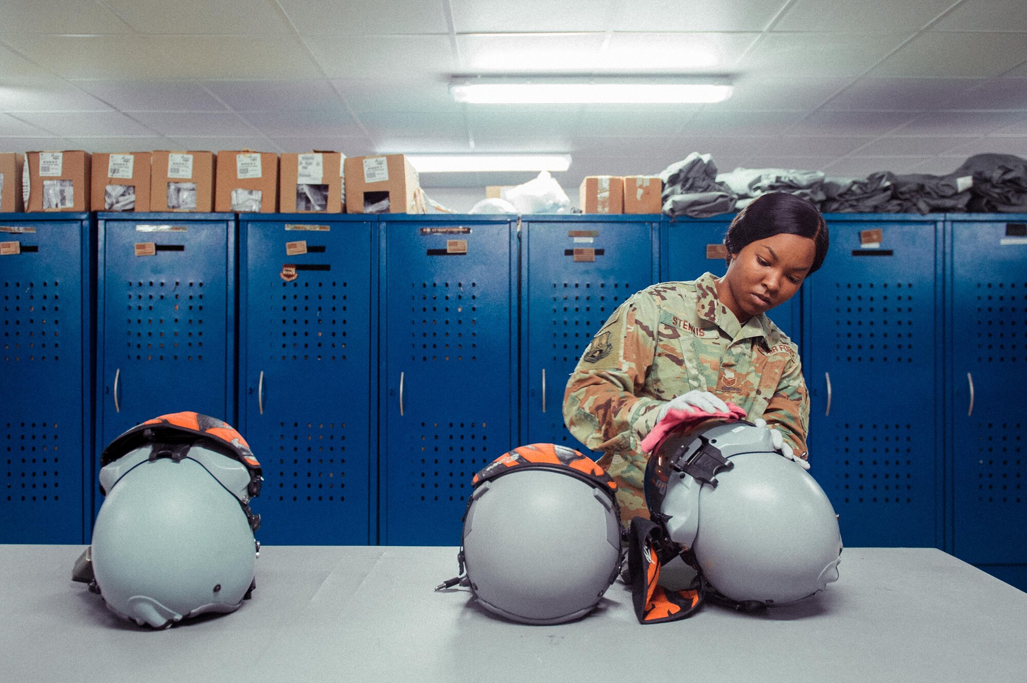 U.S. Air Force Staff Sgt. Kayla Stennis, 391st Expeditionary Fighter Squadron aircrew flight equipment craftsman, cleans a helmet visor February 14, 2019 in Southwest Asia. The AFE section ensures all the life support equipment is ready to meet the demands of the mission. (U.S. Air Force photo by Staff Sgt. Delano Scott)