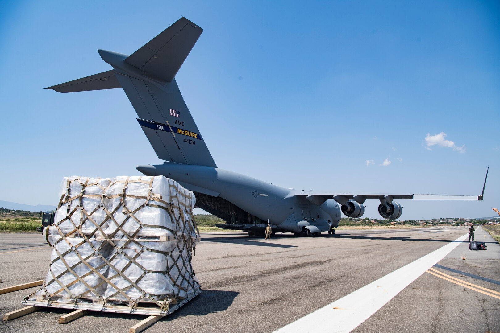 A C-17 Globemaster III delivers humanitarian aid from Homestead Air Reserve Base, FL to Cucuta, Colombia February 16, 2019.
