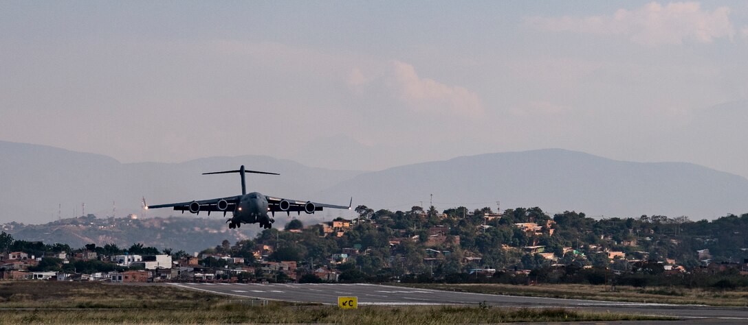 A C-17 Globemaster III delivers humanitarian aid from Homestead Air Reserve Base, FL to Cucuta, Colombia February 16, 2019.