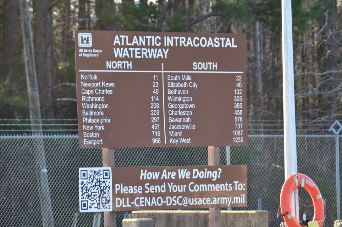 A large, brown sign indicates distances relative to the Deep Creek lock on the Dismal Swamp Canal. The forest is in the background and a life preserver is hanging by the sign.