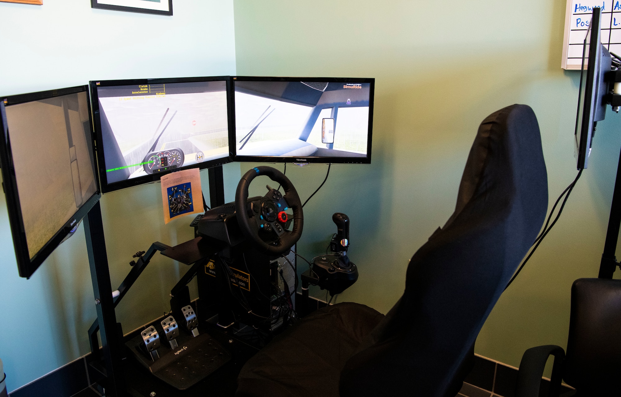 The 436th Logistic Readiness Squadron houses a driving simulator Feb. 13, 2018, at Dover Air Force Base, Delaware. The “Wing Simulator” allows Airmen to test-drive different vehicles in a variety of road conditions before taking the actual vehicle out on the road (U.S. Air Force photo by Airman 1st Class Zoe M. Wockenfuss).