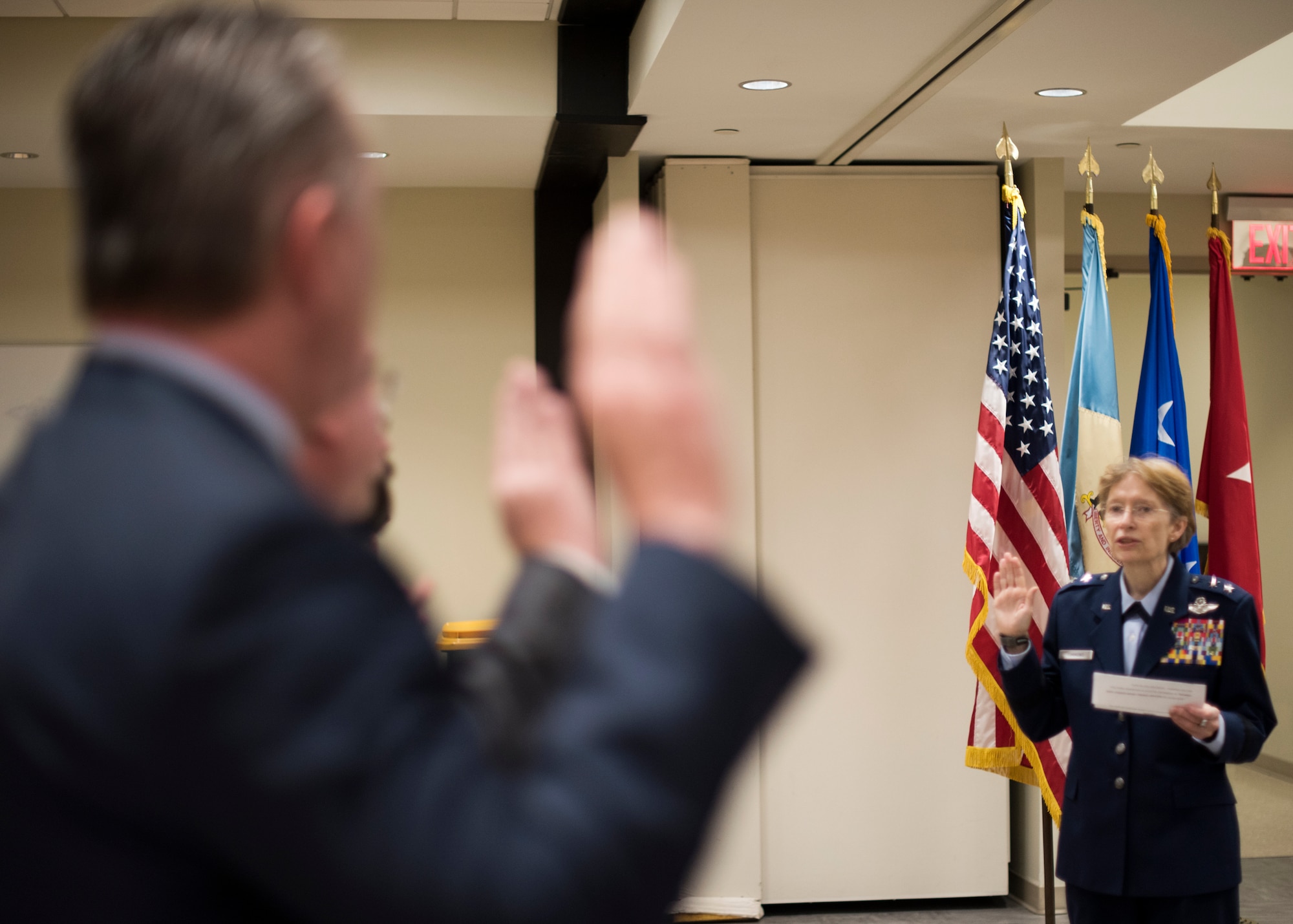 U.S. Air Force Maj. Gen. Carol Timmons, the Adjutant General, inducts new members to the Honorary Commander Program during the State of the Guard Event at Joint Force Headquarters, New Castle, Del., Feb. 15, 2019. The Honorary Commander Program helped establish and maintain personal contact with local civic leaders in order to increase public awareness of the missions, policies and programs of the Air National Guard and Department of Defense. (U.S. Air National Guard photo by Senior Airman Katherine Miller)