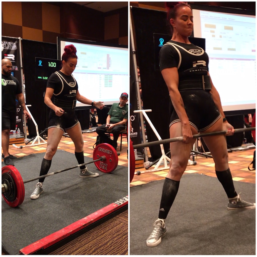 Michelle Lawing, Sexual Assault Prevention and Response coordinator for MCLB Barstow, deadlifts 330.7 pounds, breaking the world record at the International Powerlifting League World Championships held in Las Vegas, Nev., Nov. 9, 2018. This was one of several records she broke during the course of meets throughout 2018. Photo courtesy of Jim Seifert.